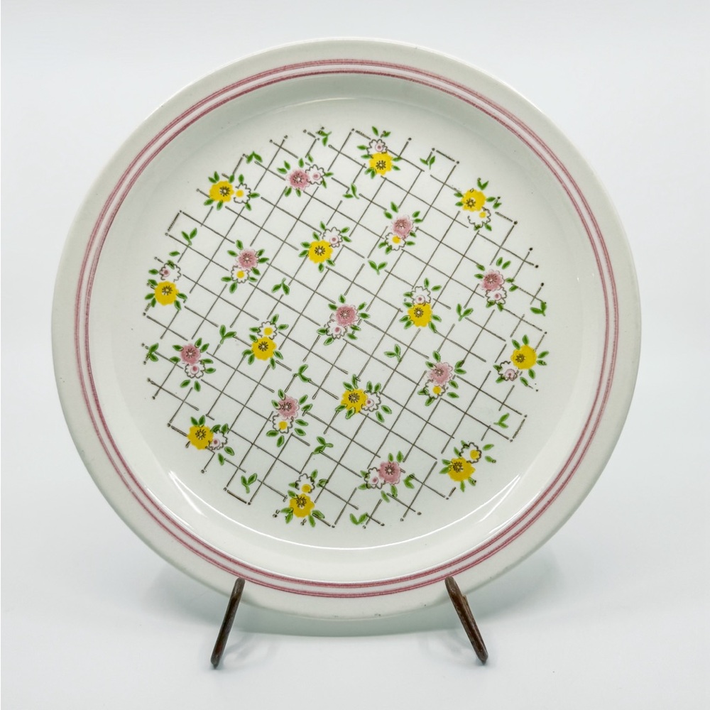 VTG Floral Grid Dinner Plate | Pink & Yellow Daisy Pattern | 10.5” Cottagecore
